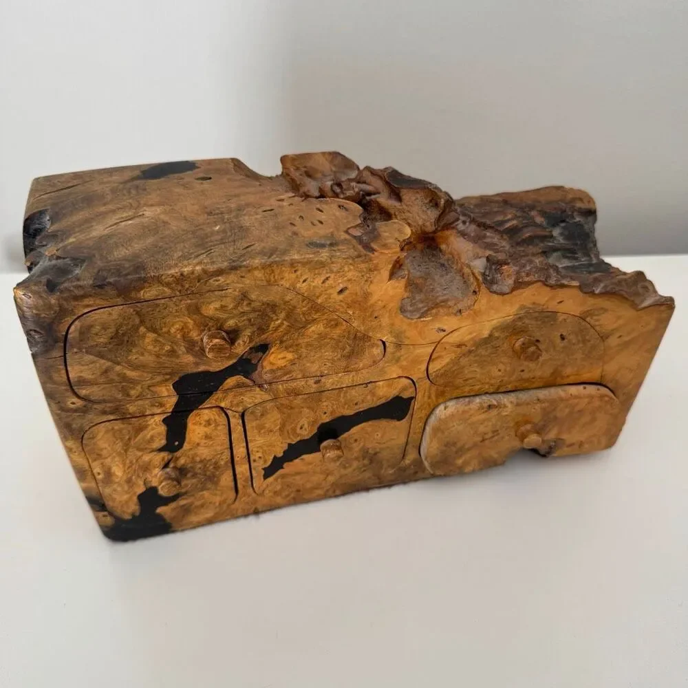 VTG Handcrafted Natural Burl Wood Jewelry Box Multi-Drawer Rustic Artisan Box